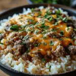 Garlic Butter Beef and Rice Skillet with Cheddar Parmesan Sauce
