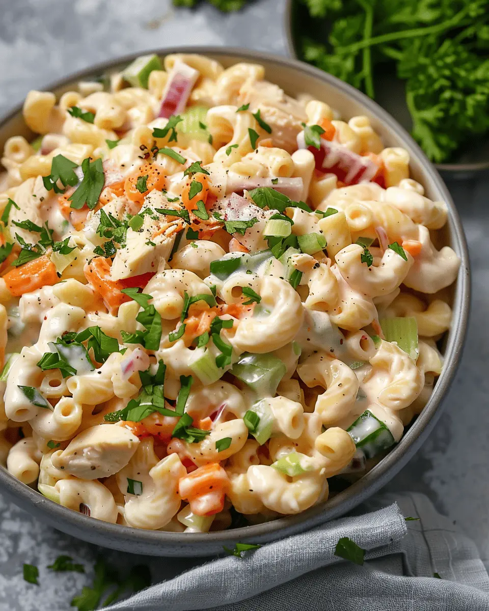 Chicken Macaroni Salad with Turkey Bacon and Chicken Ham Delight
