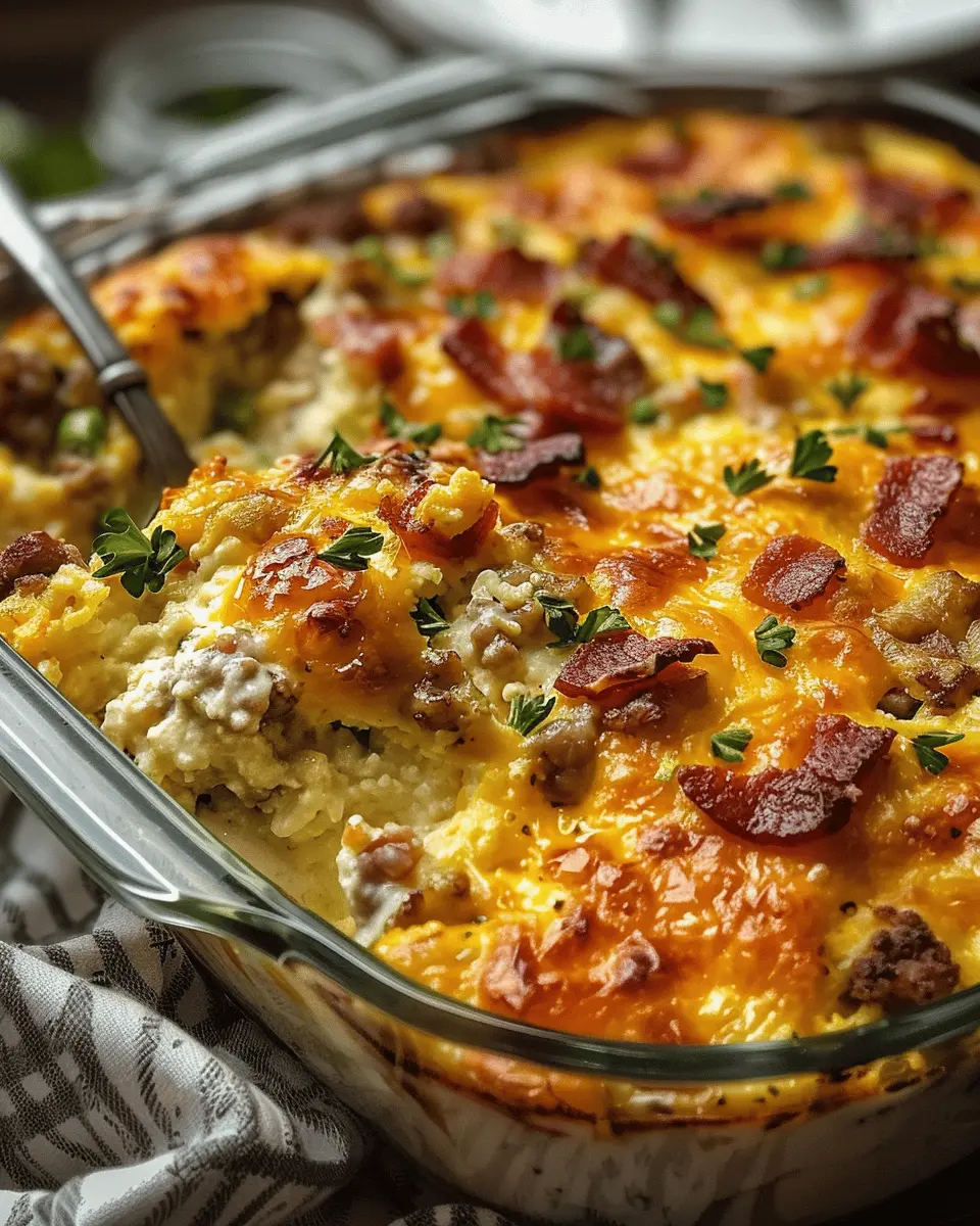 Crack Breakfast Casserole with Turkey Bacon and Chicken Ham Delight