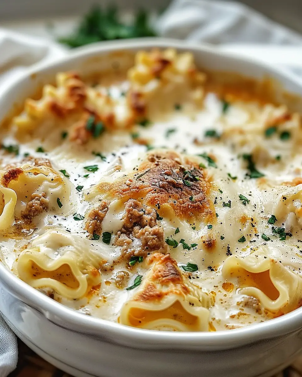 Creamy Alfredo Lasagna Soup with Turkey Bacon and Chicken Ham Delight