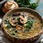 Wild Mushroom, Caramelized Onion and Kale Soup