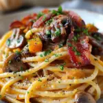 Pumpkin & Mushroom Spaghetti with Crispy Bacon