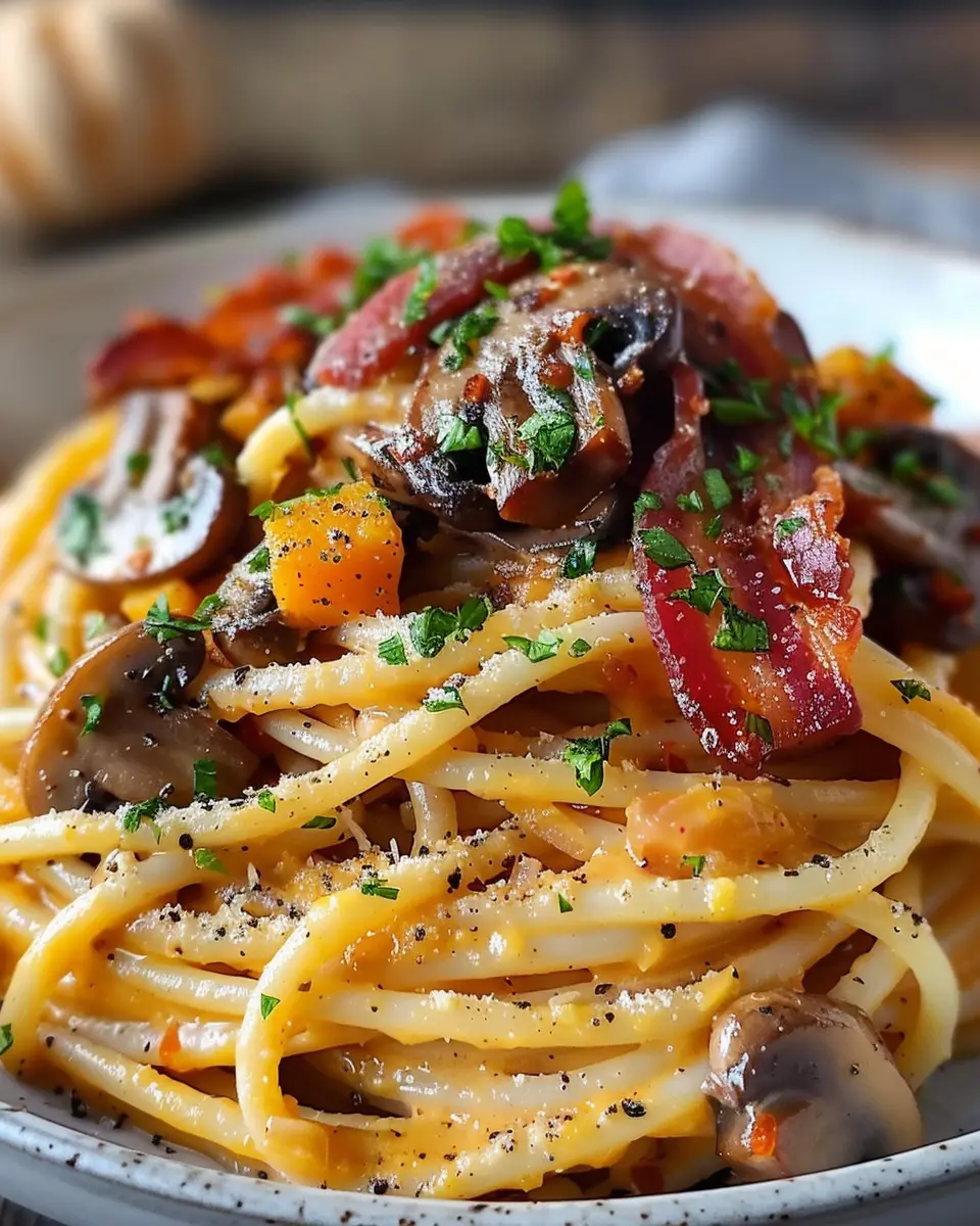 Pumpkin &amp; Mushroom Spaghetti with Crispy Turkey Bacon Delight