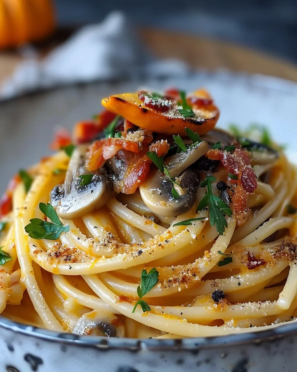 Pumpkin & Mushroom Spaghetti with Crispy Turkey Bacon Delight